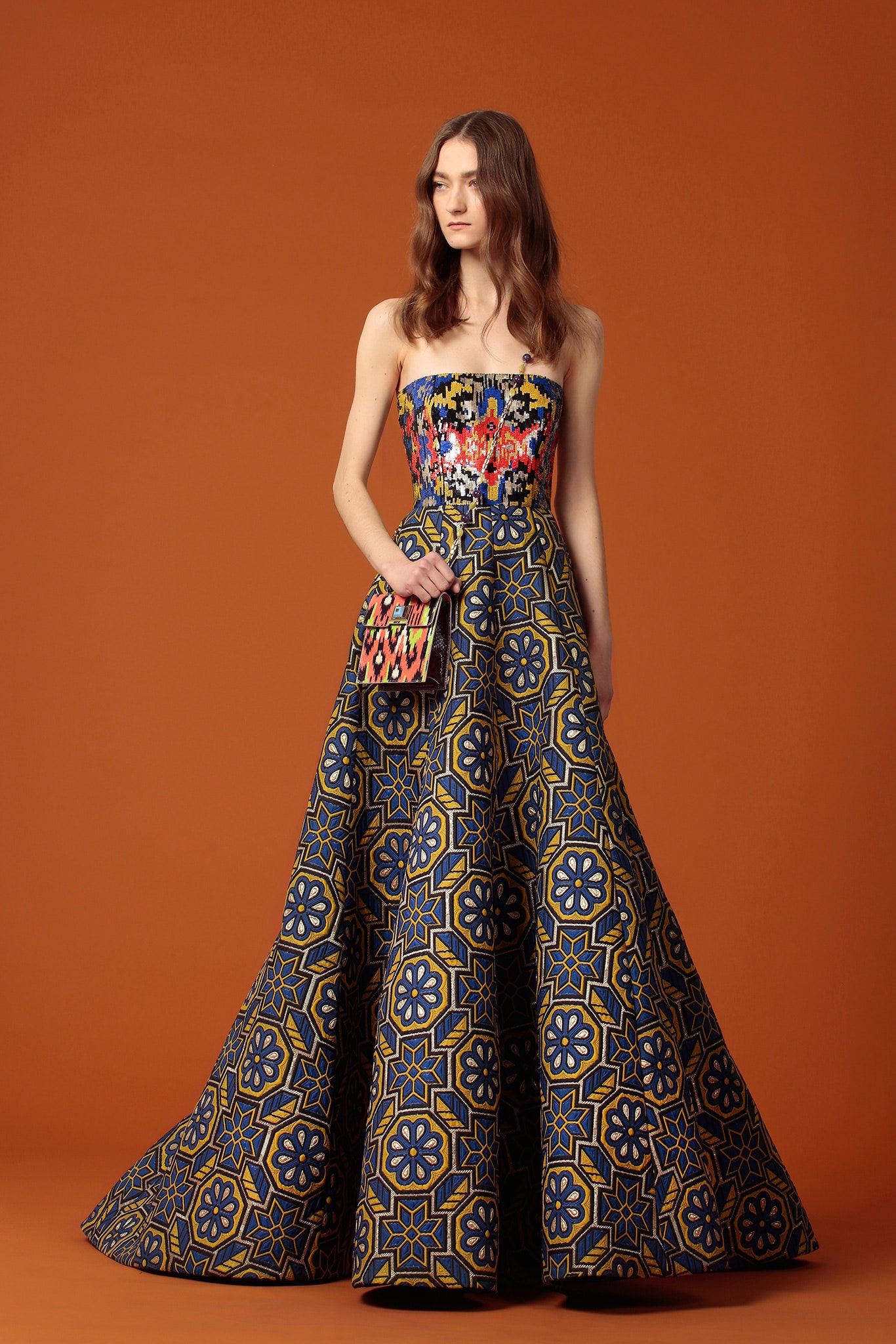 blue silk strapless fitted flared embroidered maxi gown
