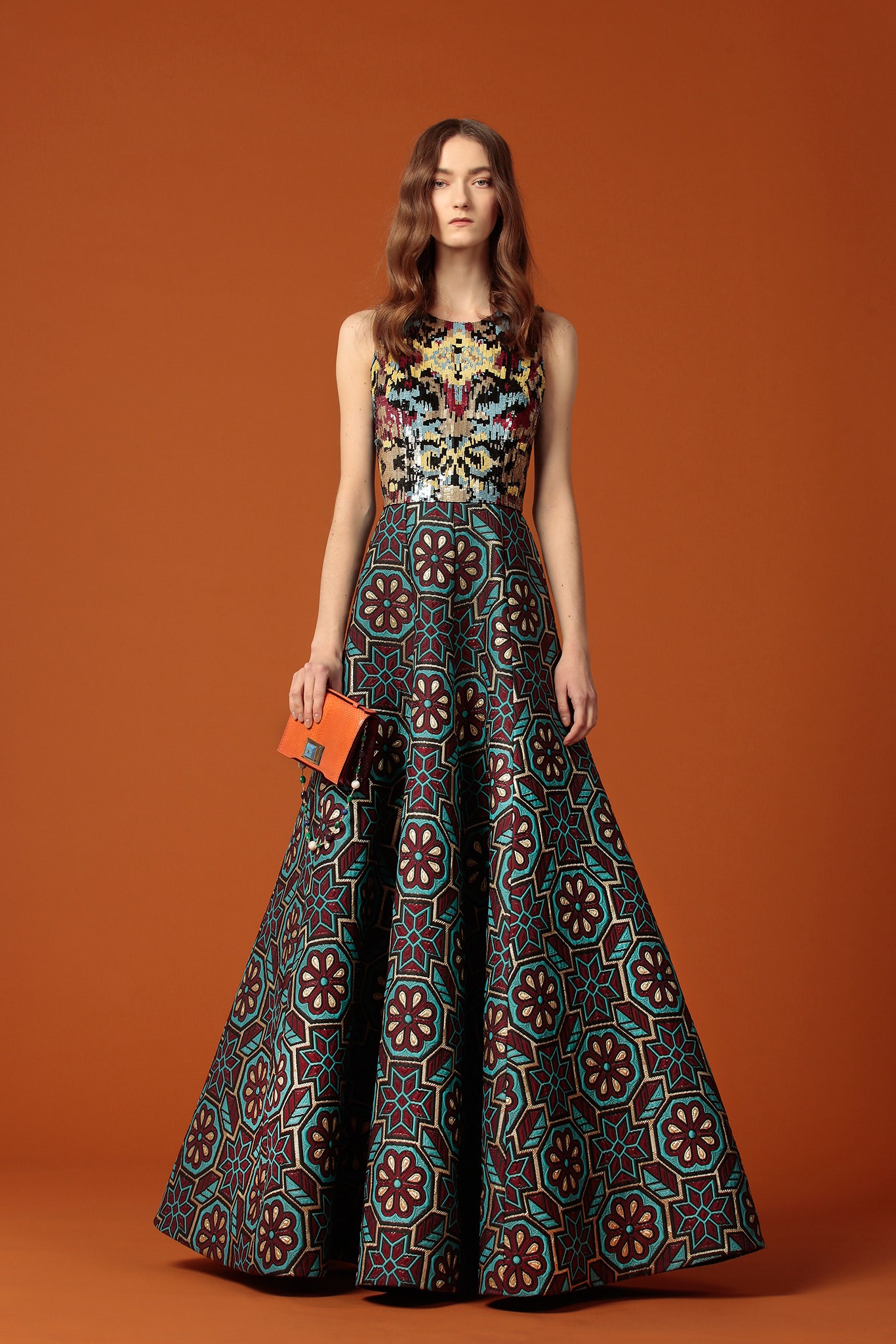 embroidered black and red gown