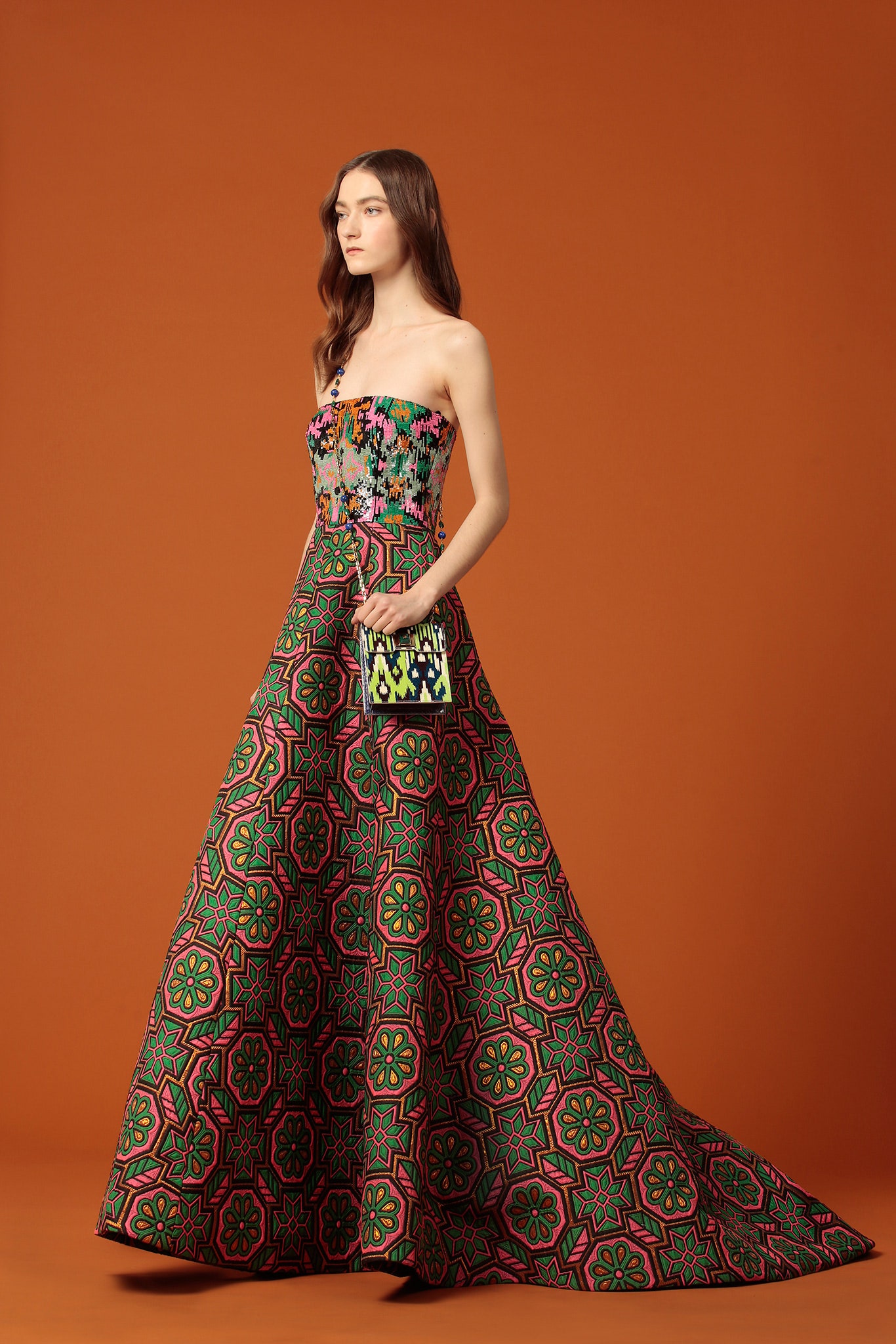 multi silk strapless fitted flared maxi gown
