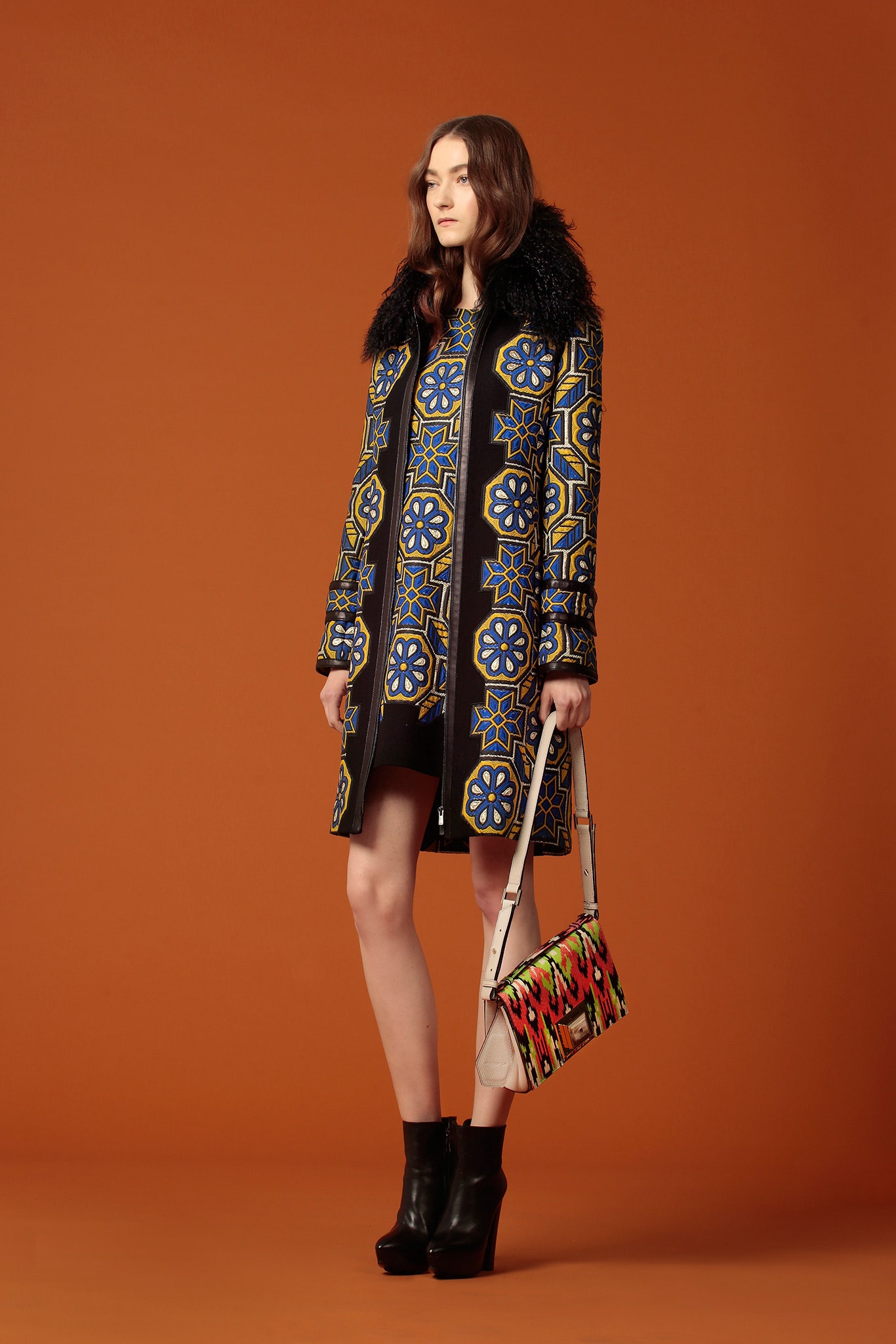 embroidered black coat with printed bag