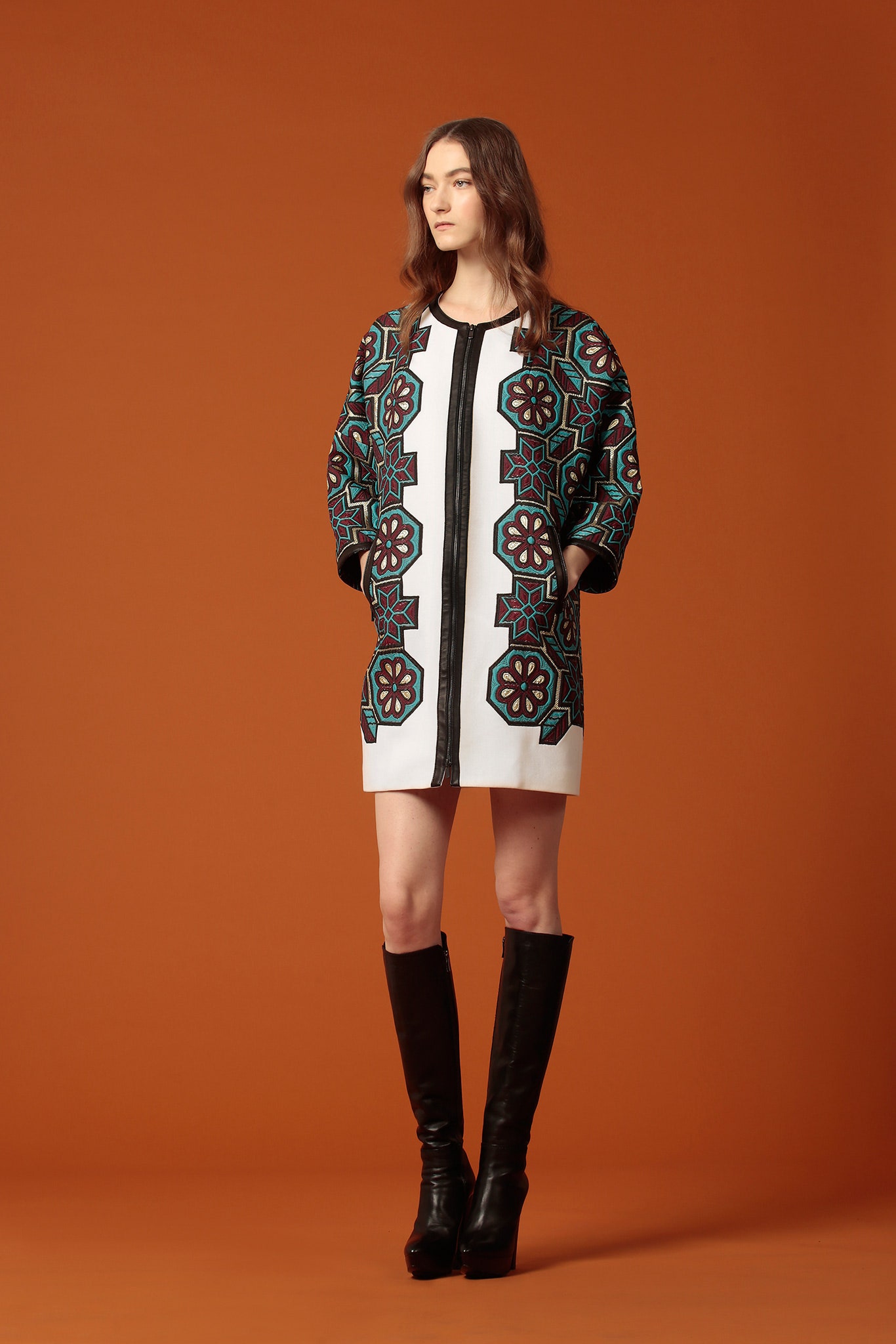 white cotton long-sleeve collared fitted embroidered zippered dress