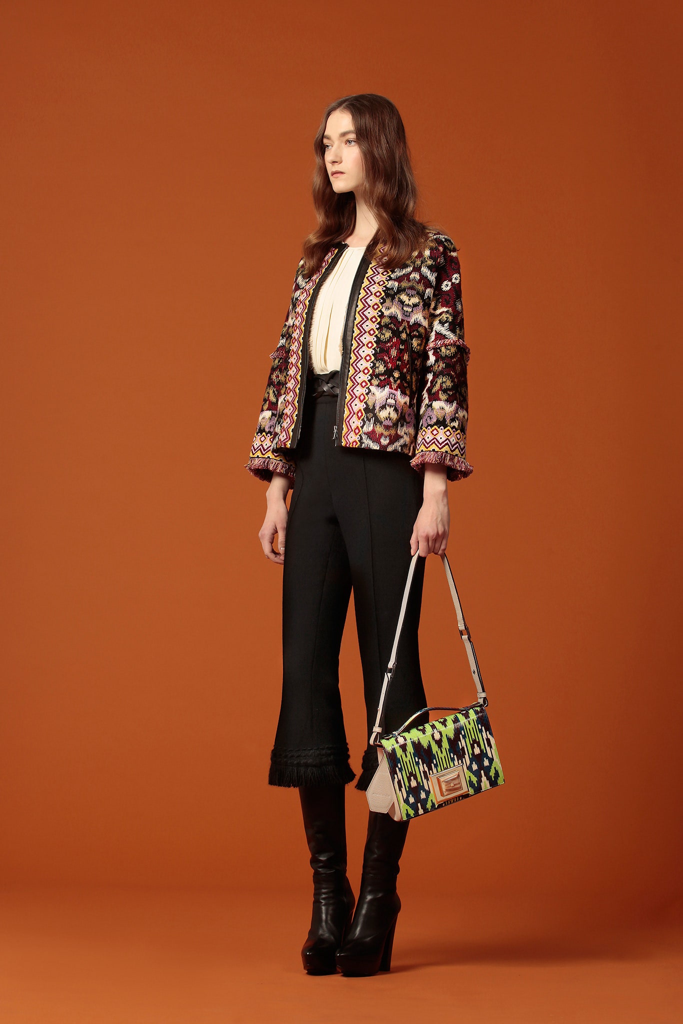 red silk long-sleeve collared fitted embroidered layered jacket