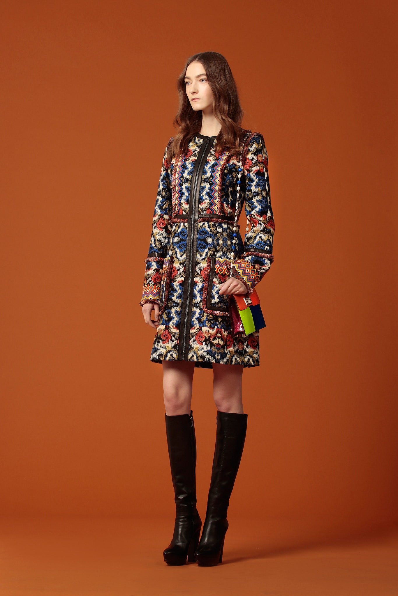 multi silk long-sleeve collared fitted embroidered mini dress