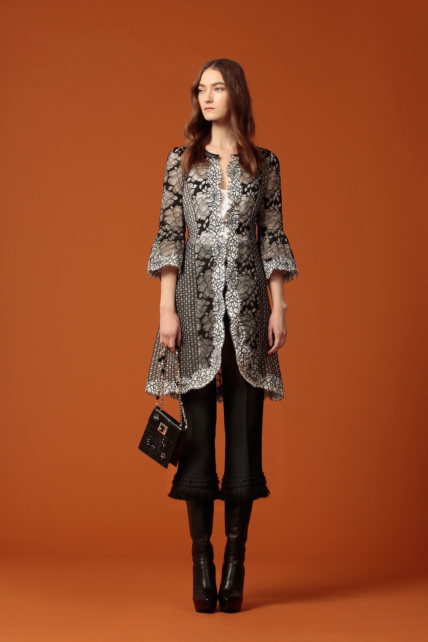 black lace long-sleeve v-neck fitted embroidered tiered dress