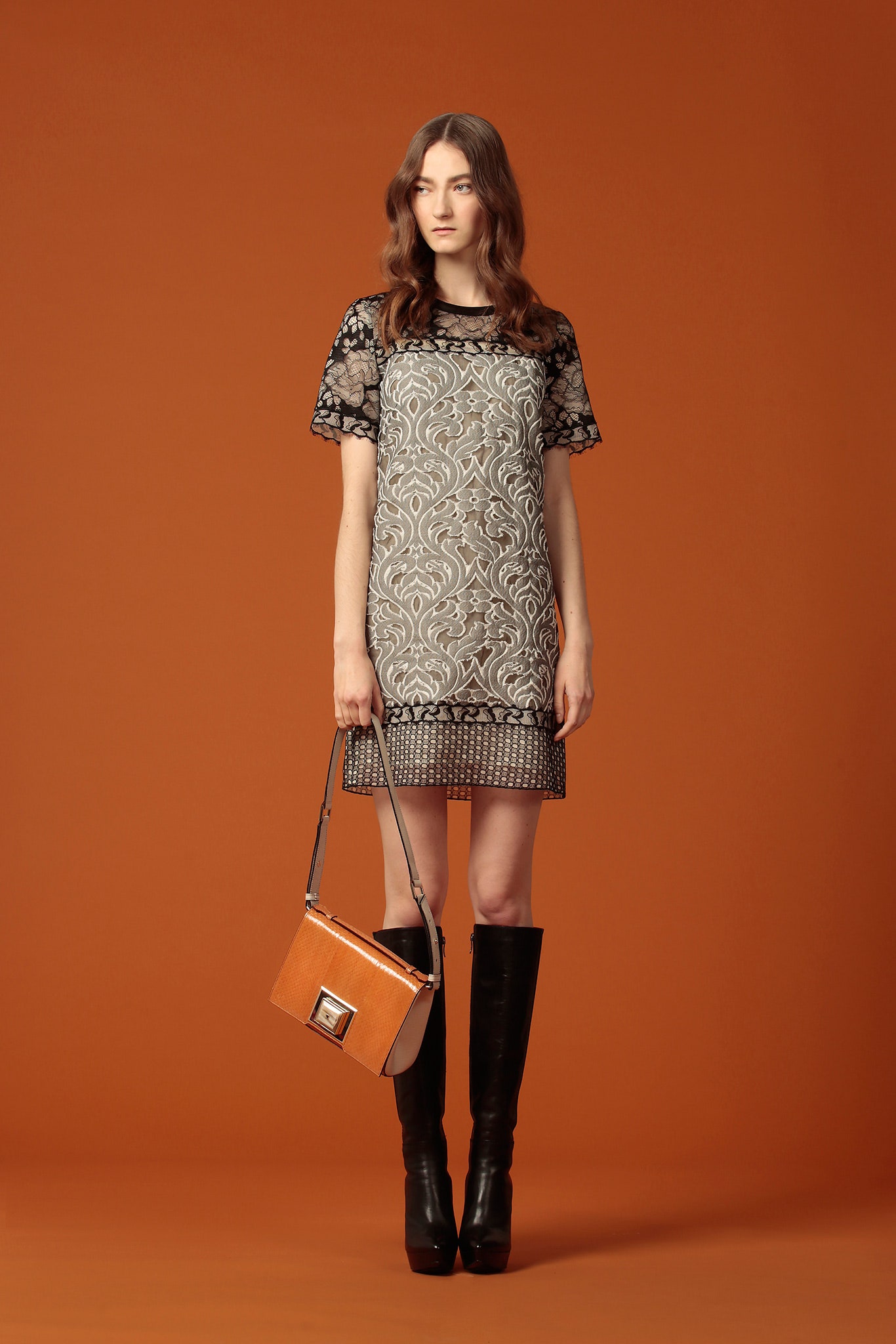 black lace short-sleeve scoop-neck fitted embroidered layered dress