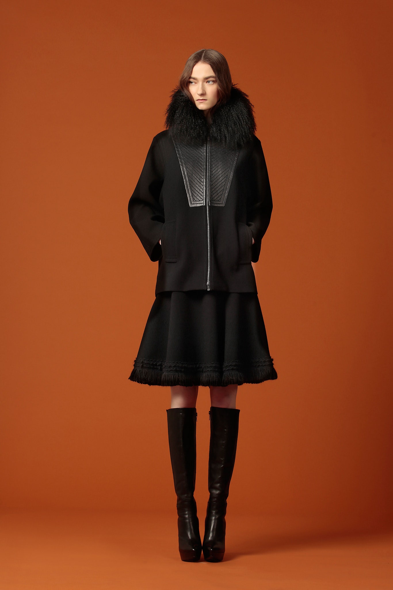 black wool long-sleeve collared fitted zippered fringed coat