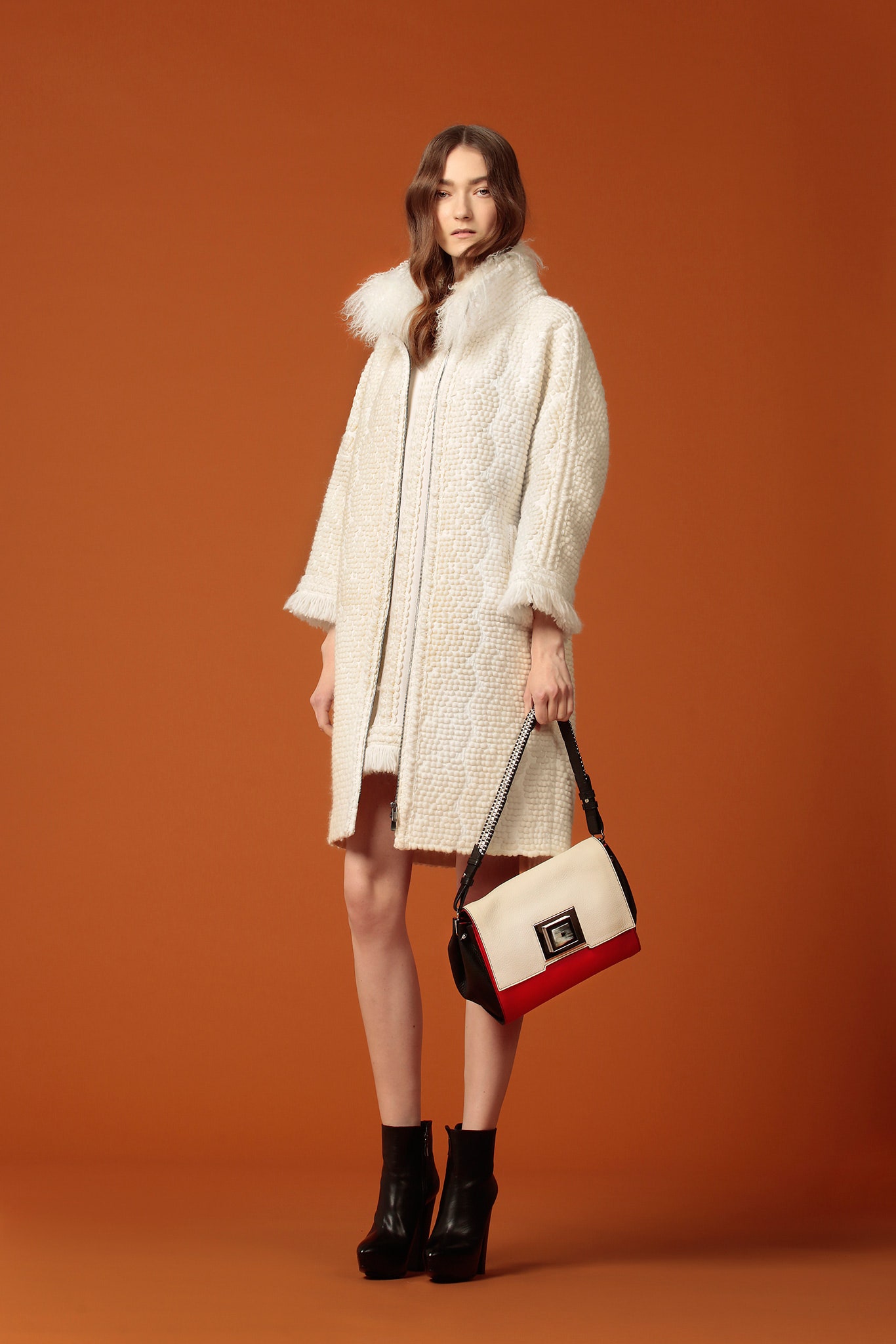 white wool long-sleeve collared relaxed textured coat