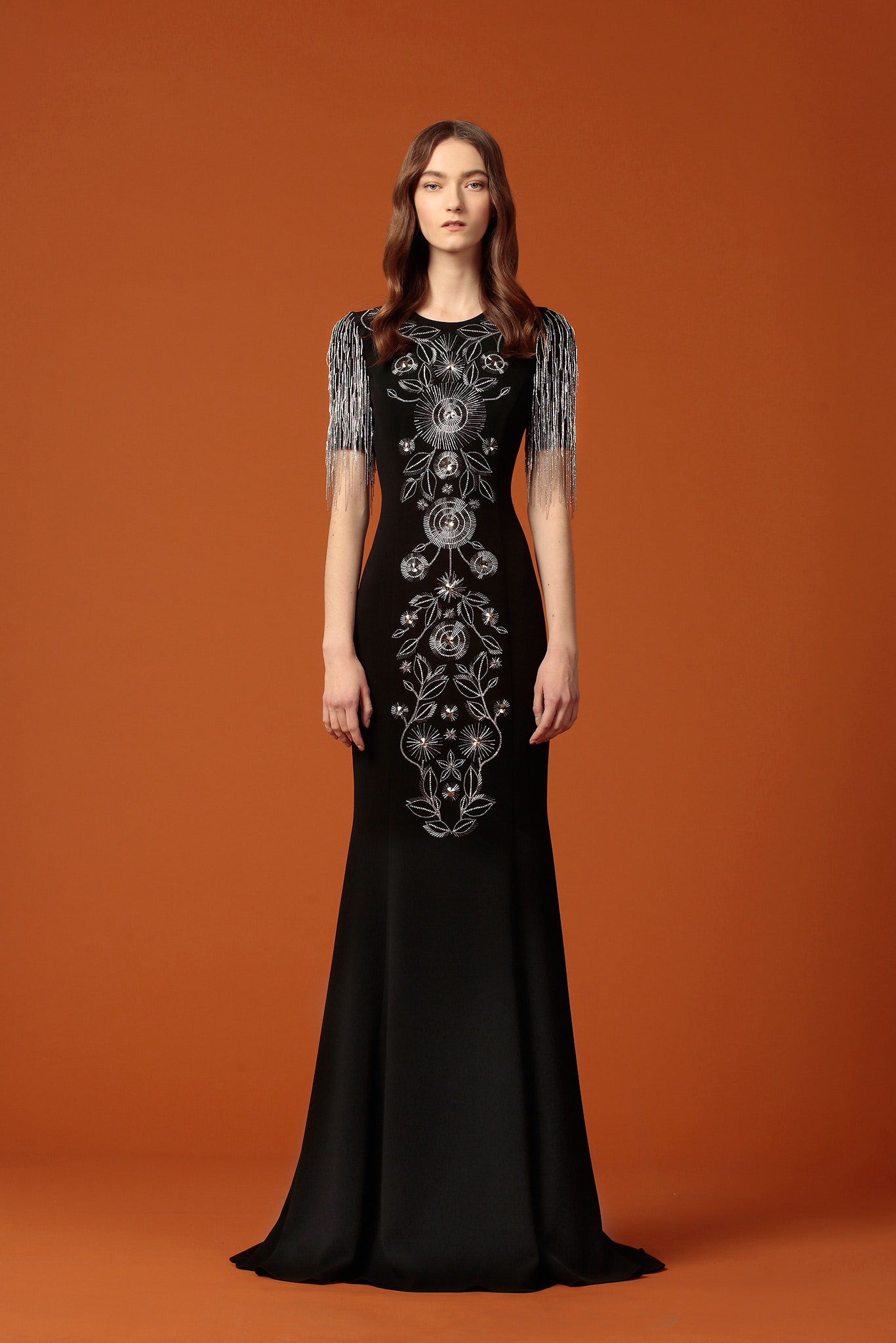 black silk embroidered gown