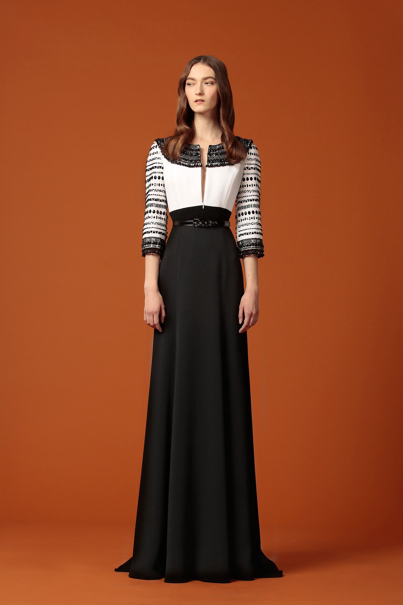 black and white pleated gown