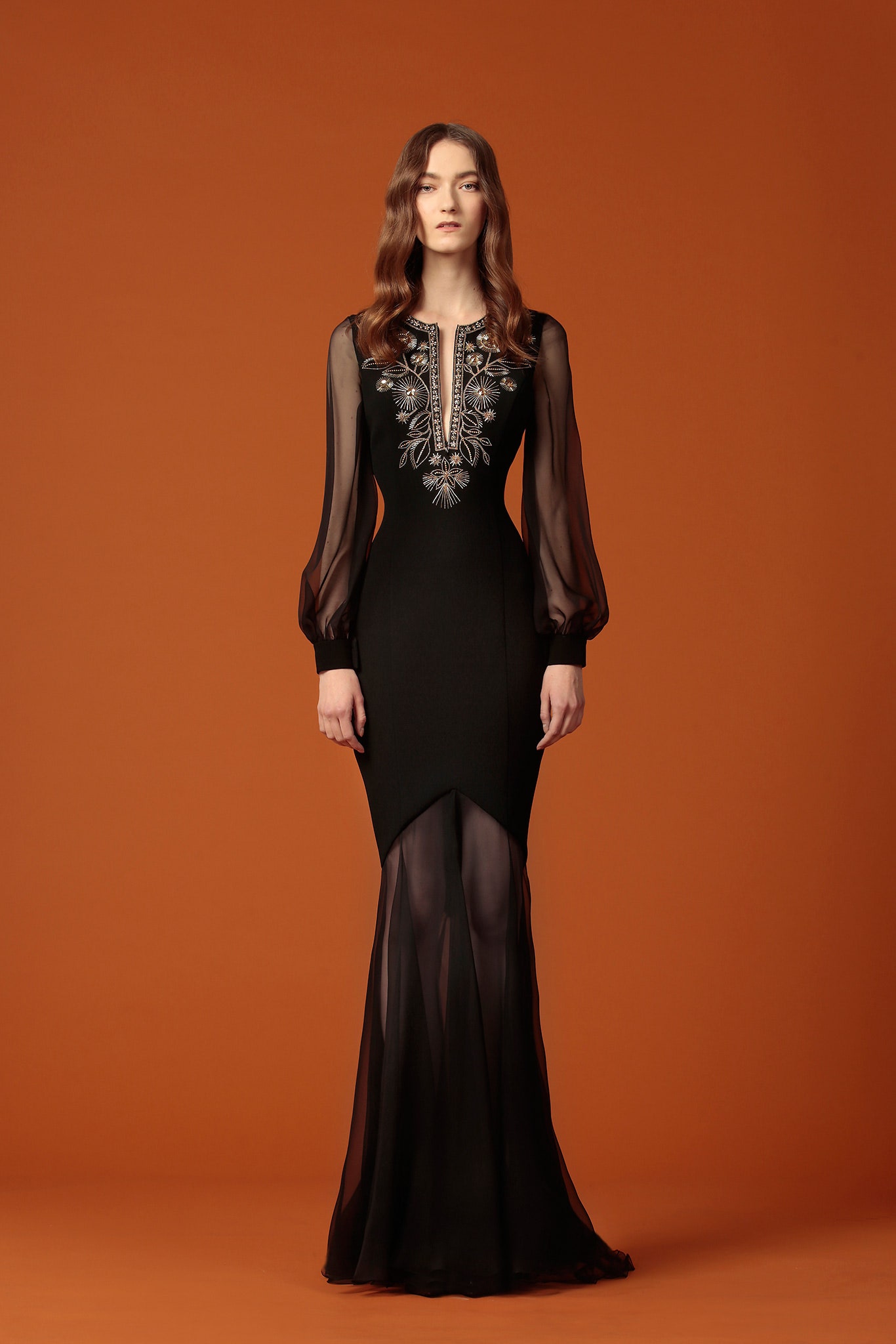 black silk embellished gown