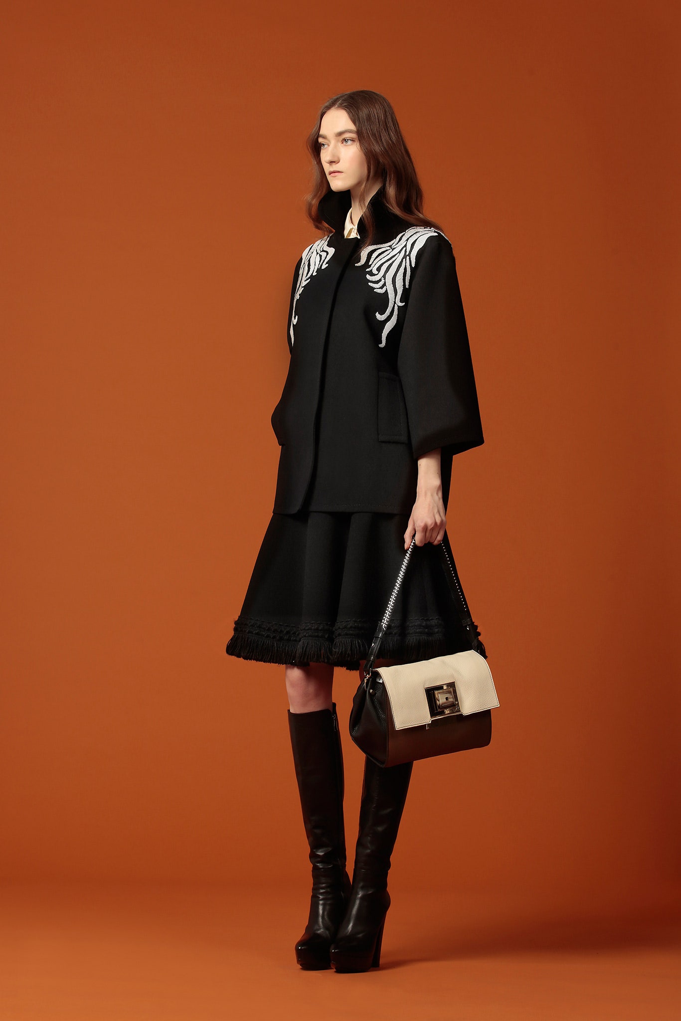 black wool long-sleeve collared structured embroidered jacket