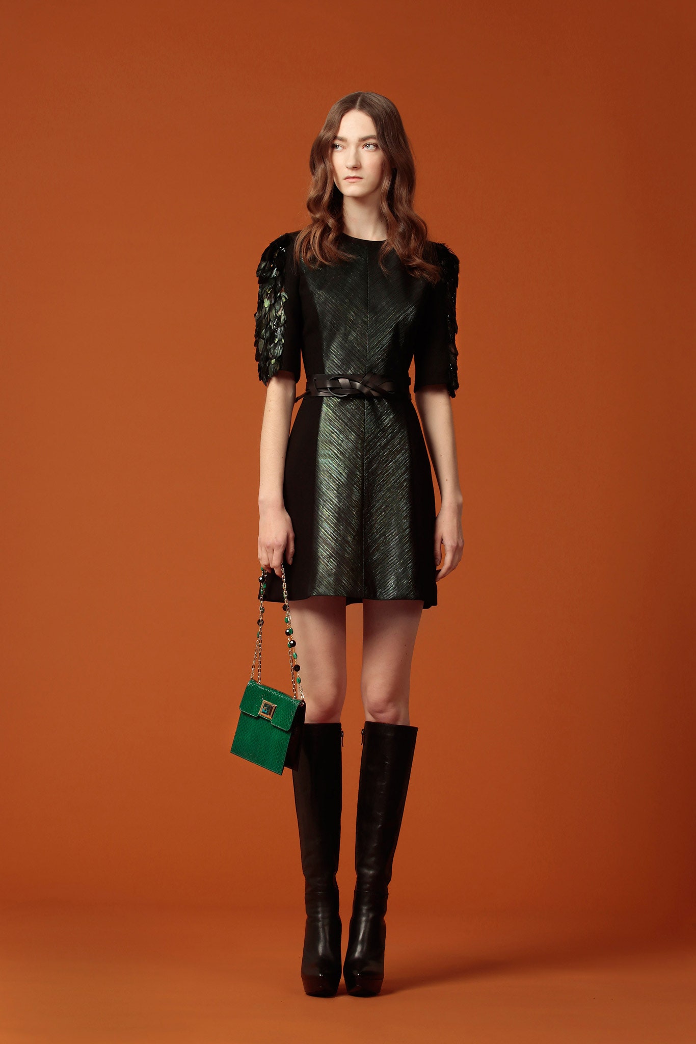 black leather short-sleeve v-neck fitted pleated belted dress