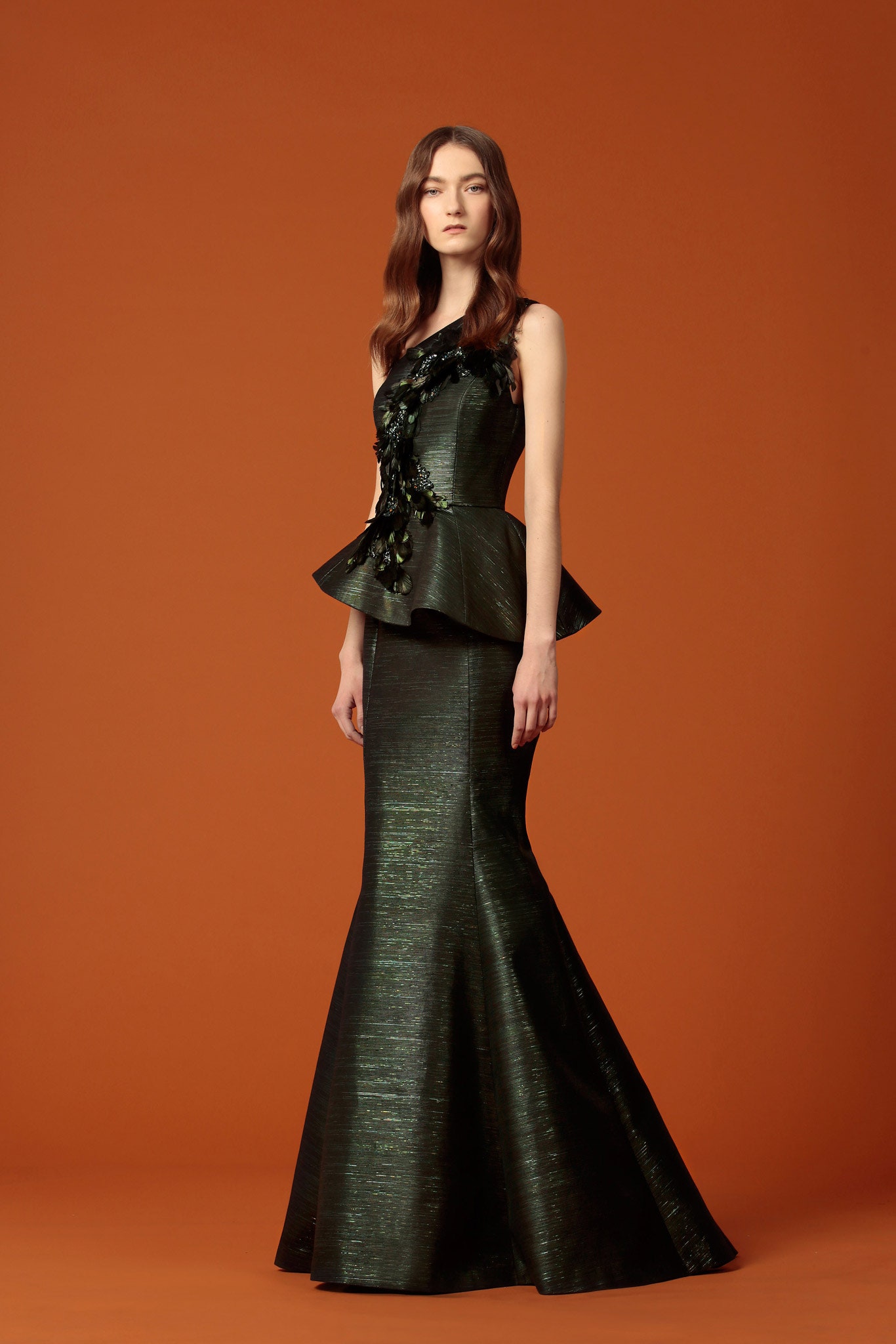fitted green silk gown