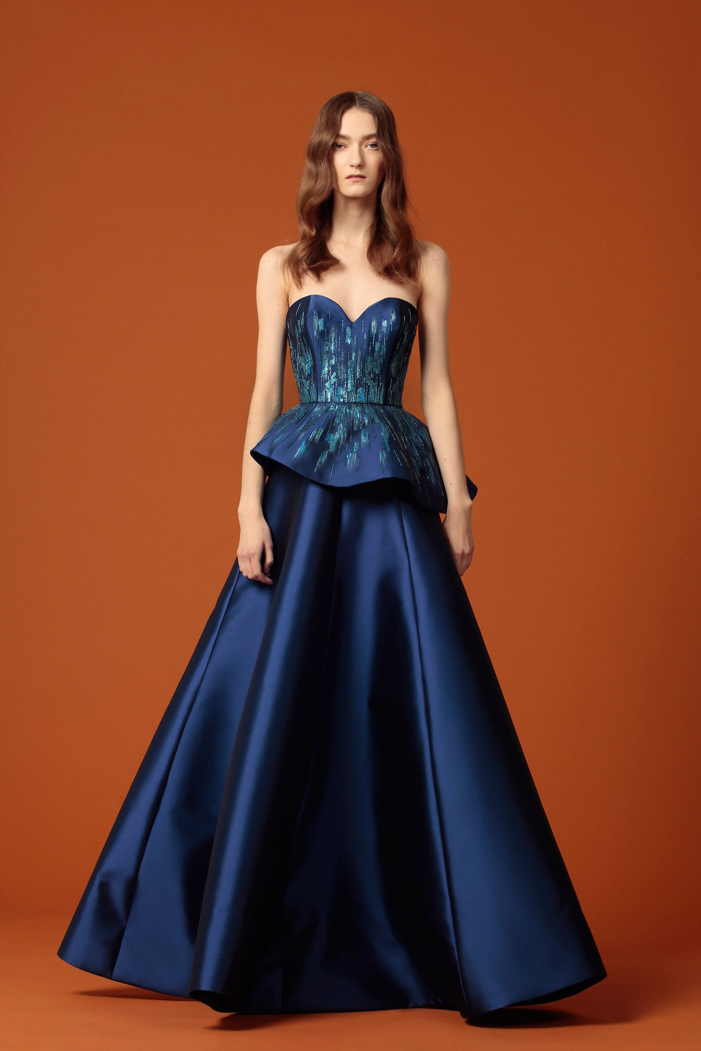 blue silk strapless gown
