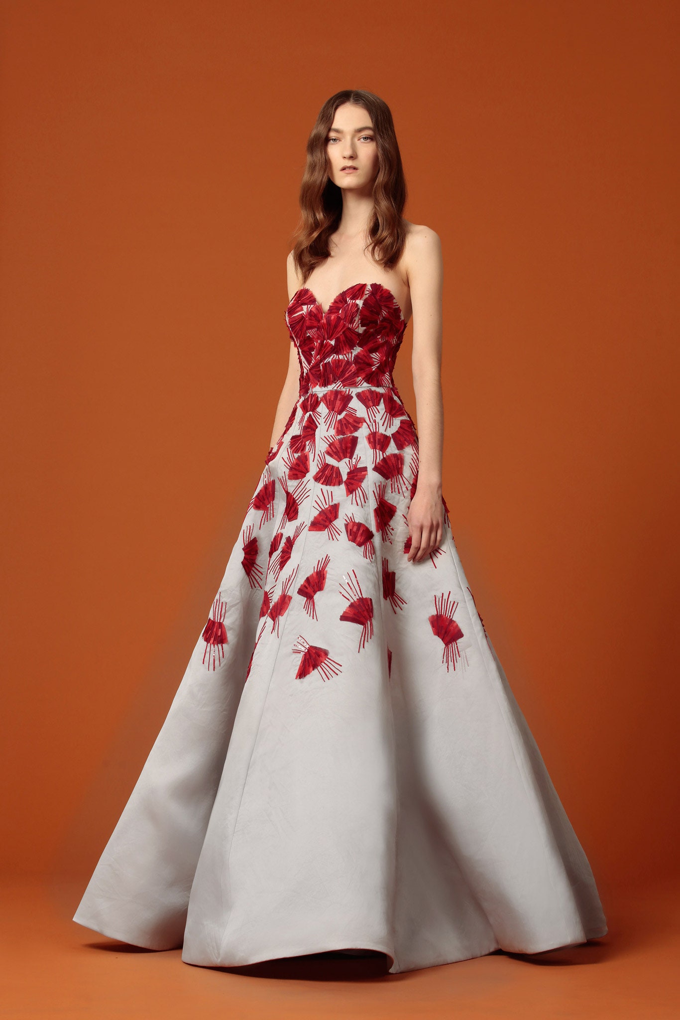 red and white embroidered gown