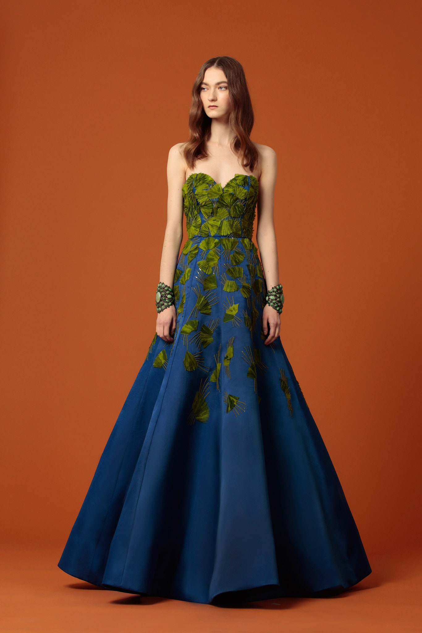 blue embroidered strapless gown