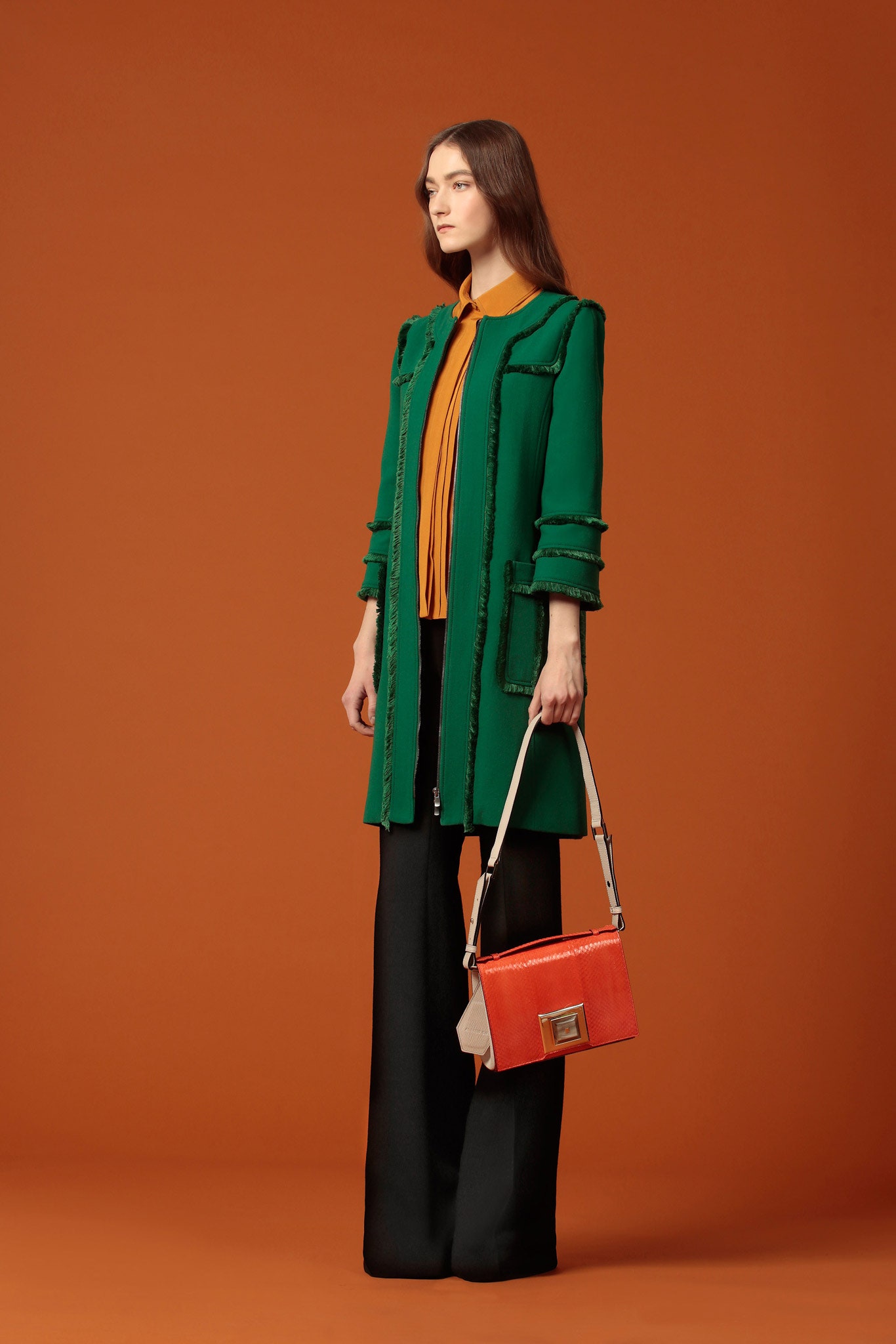 orange silk long-sleeve collared relaxed shirt