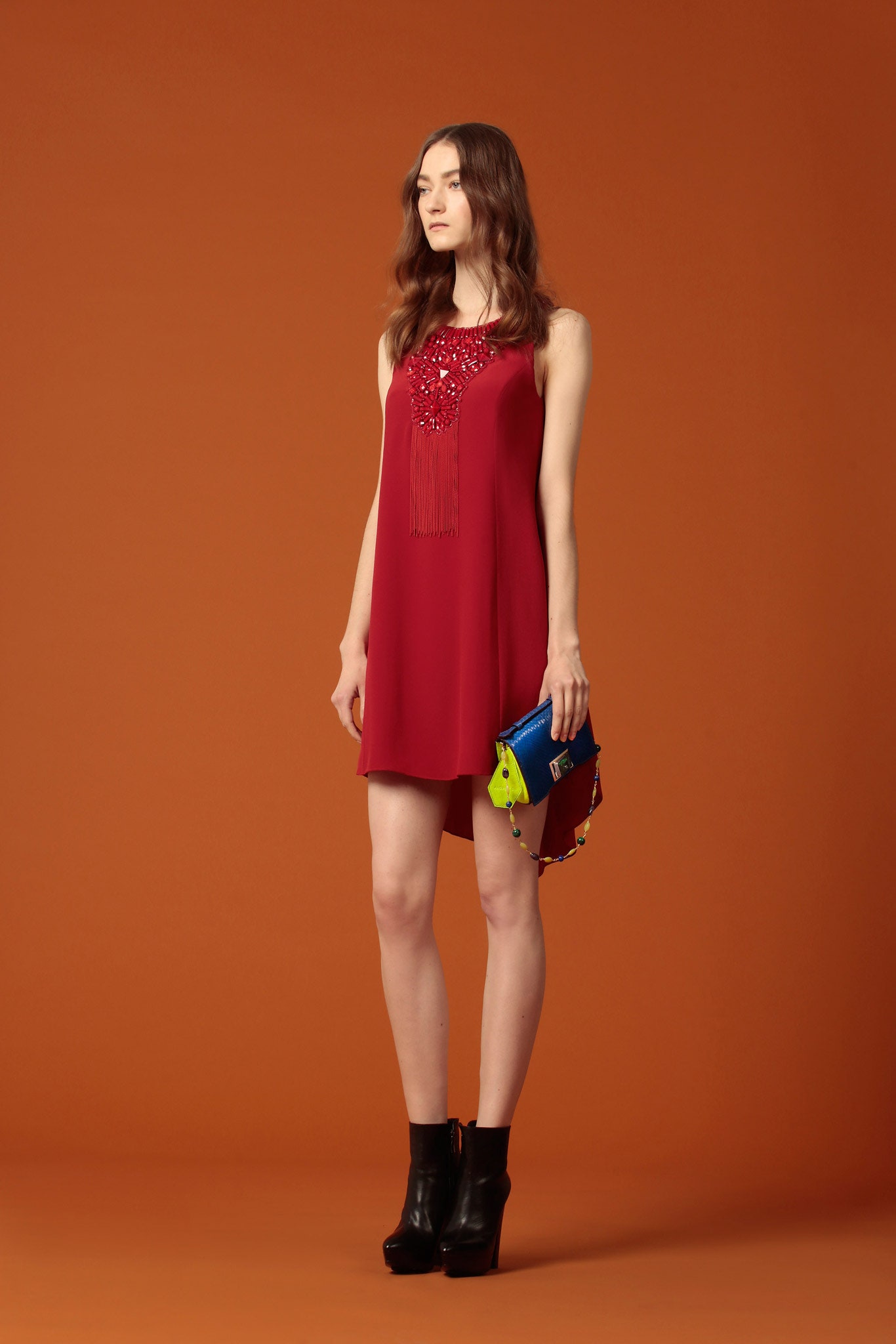 red silk sleeveless high-neck fitted beaded fringed dress