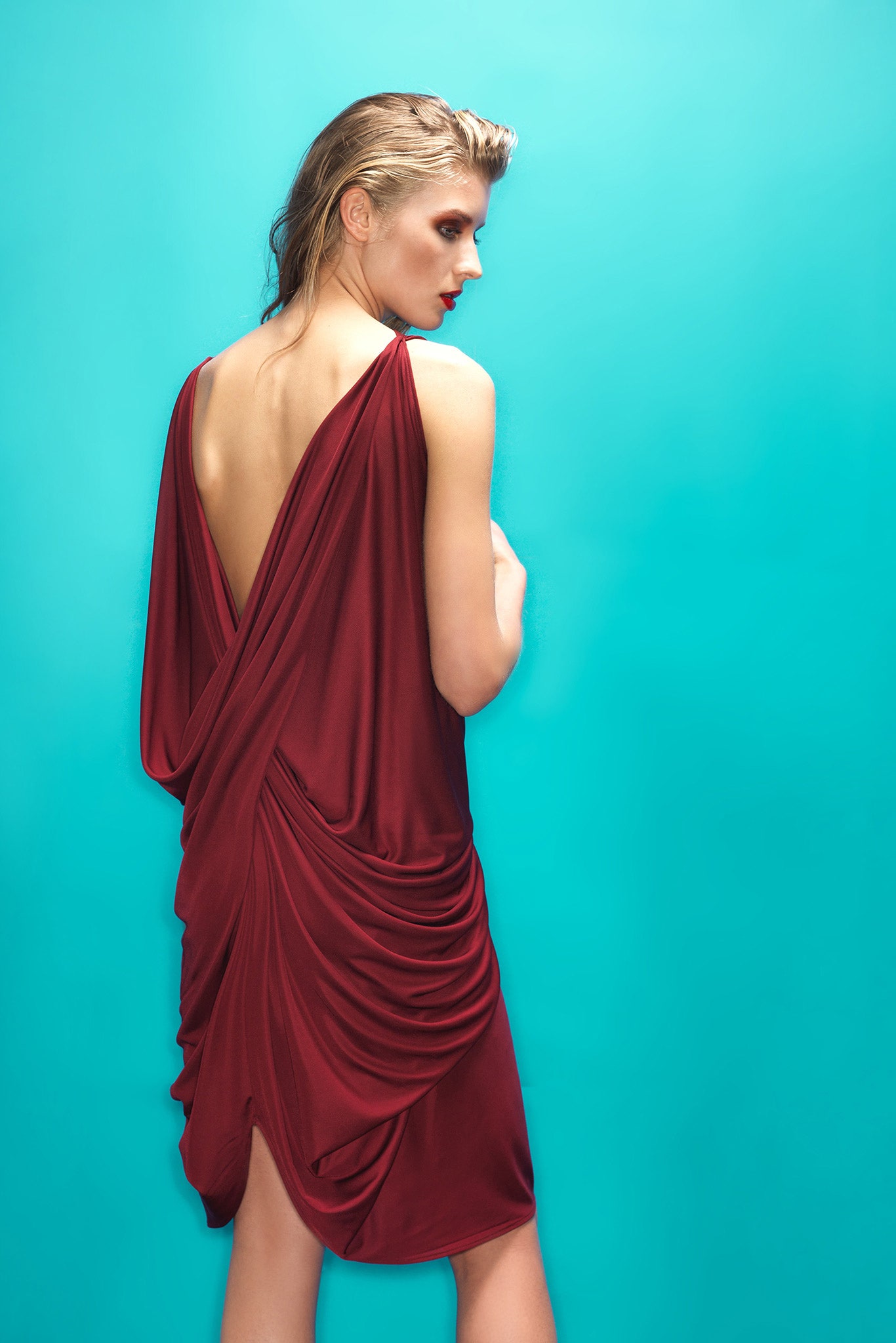 red silk sleeveless dress