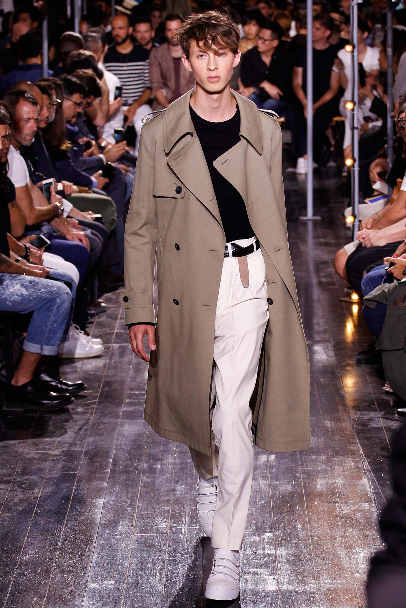 beige trench coat with black top