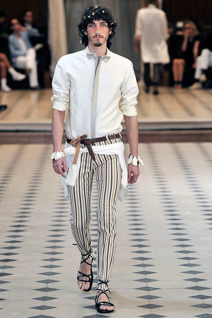 white fitted shirt with striped pants