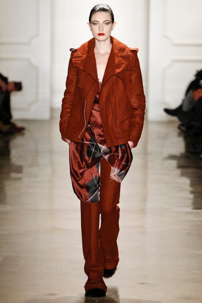 red wool jacket and tailored pants