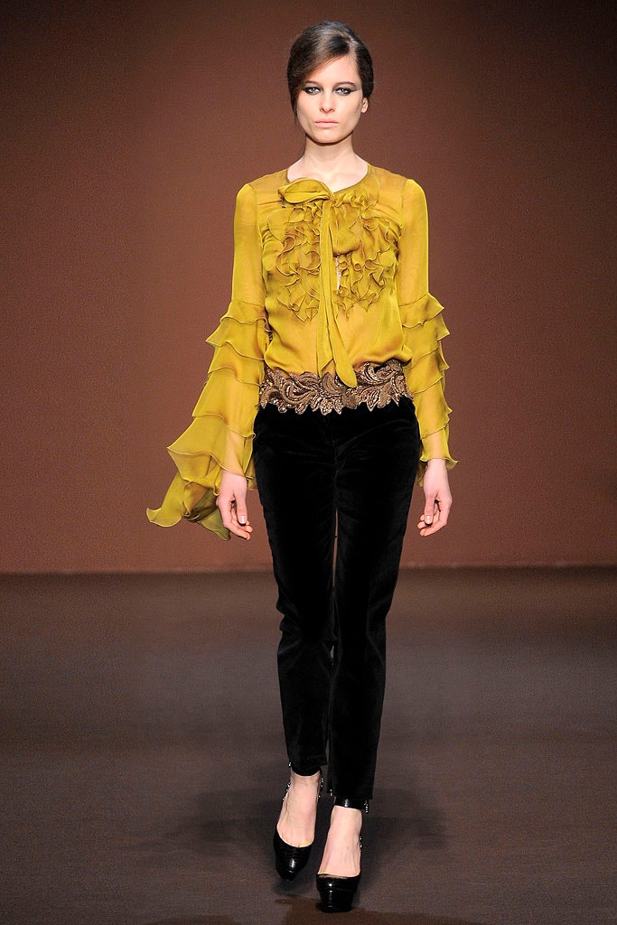 yellow silk long-sleeve collared fitted ruffled flowing blouse