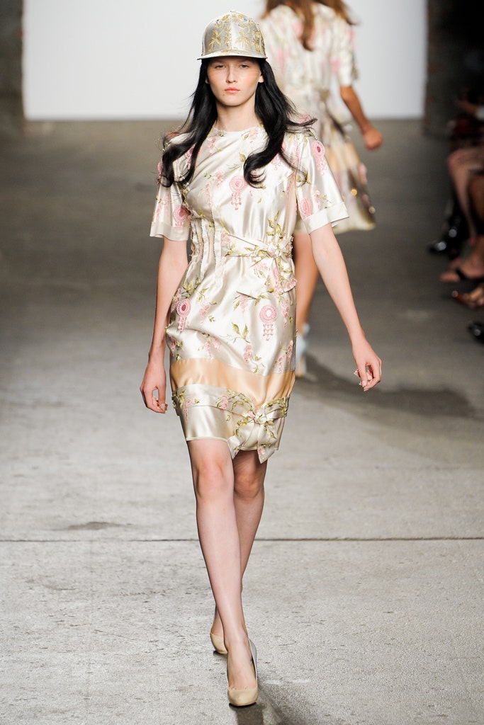 beige silk embroidered dress with hat