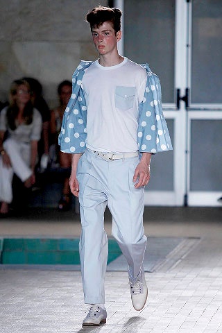 blue cotton long-sleeve collared relaxed polka-dot jacket