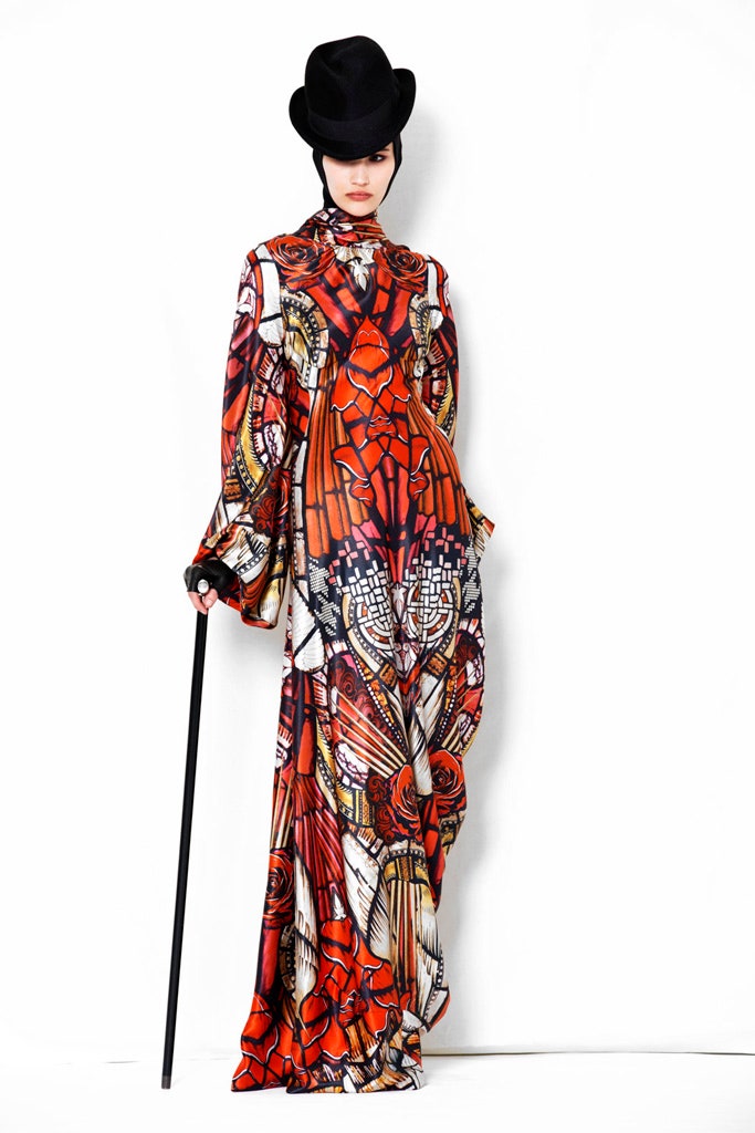 red silk long-sleeve high-neck relaxed printed maxi gown