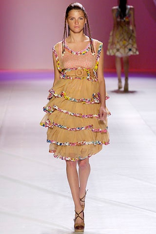 beige multi-colored ruffled dress