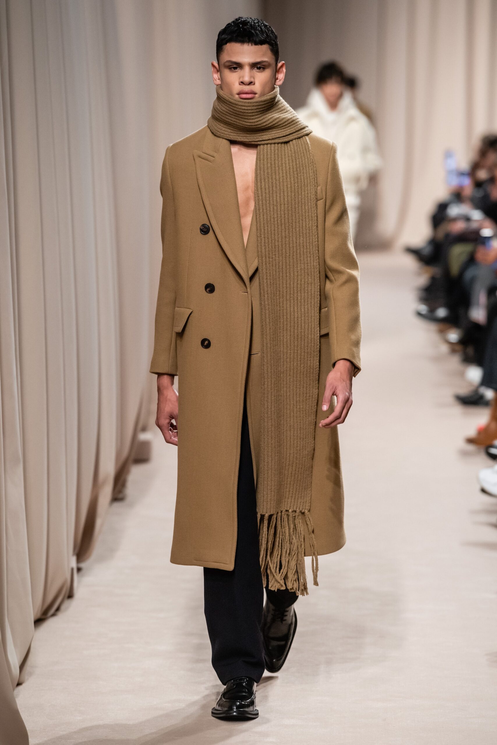 beige tailored coat with scarf