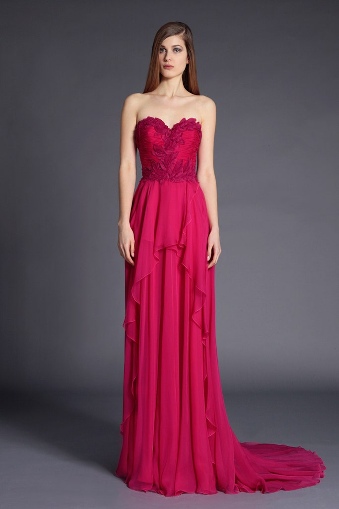pink ruffled strapless gown