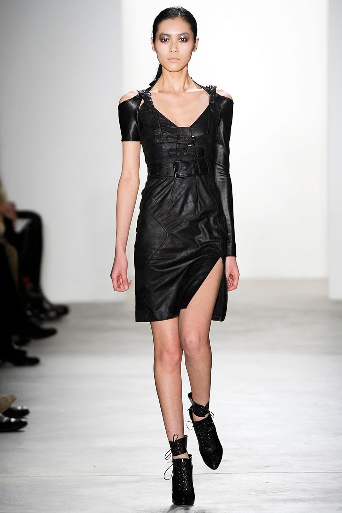 black leather fitted dress and shoes