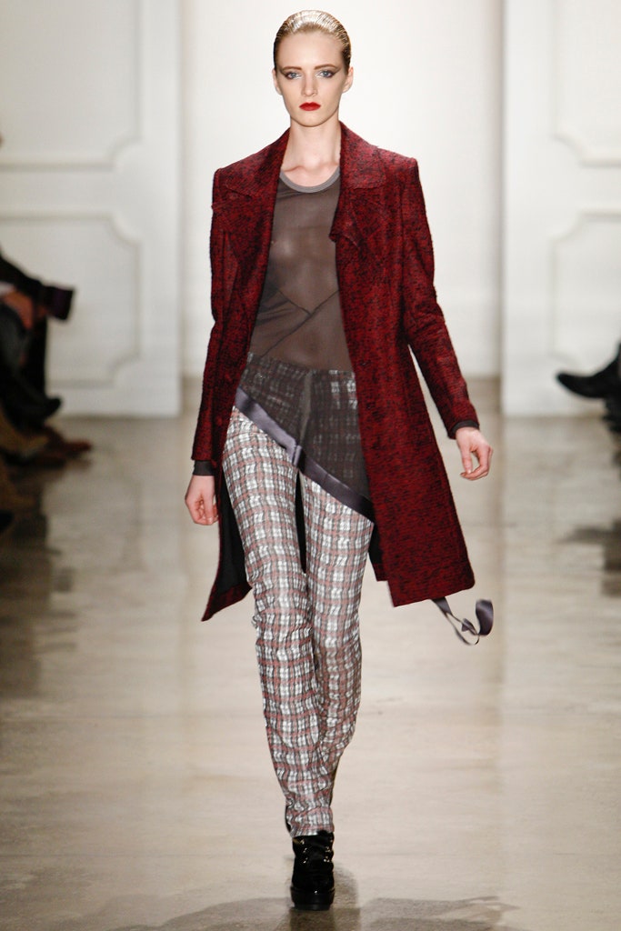 red wool coat with mesh top