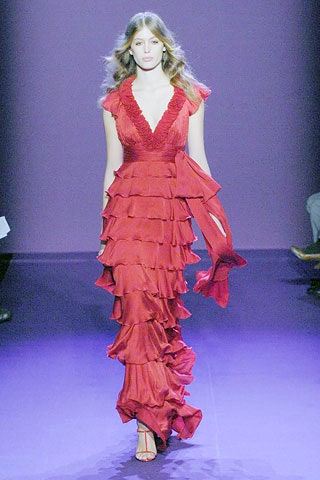 red silk ruffled gown