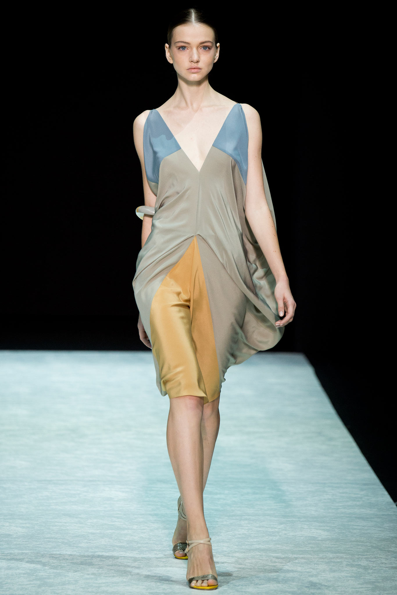 beige blue orange draped dress