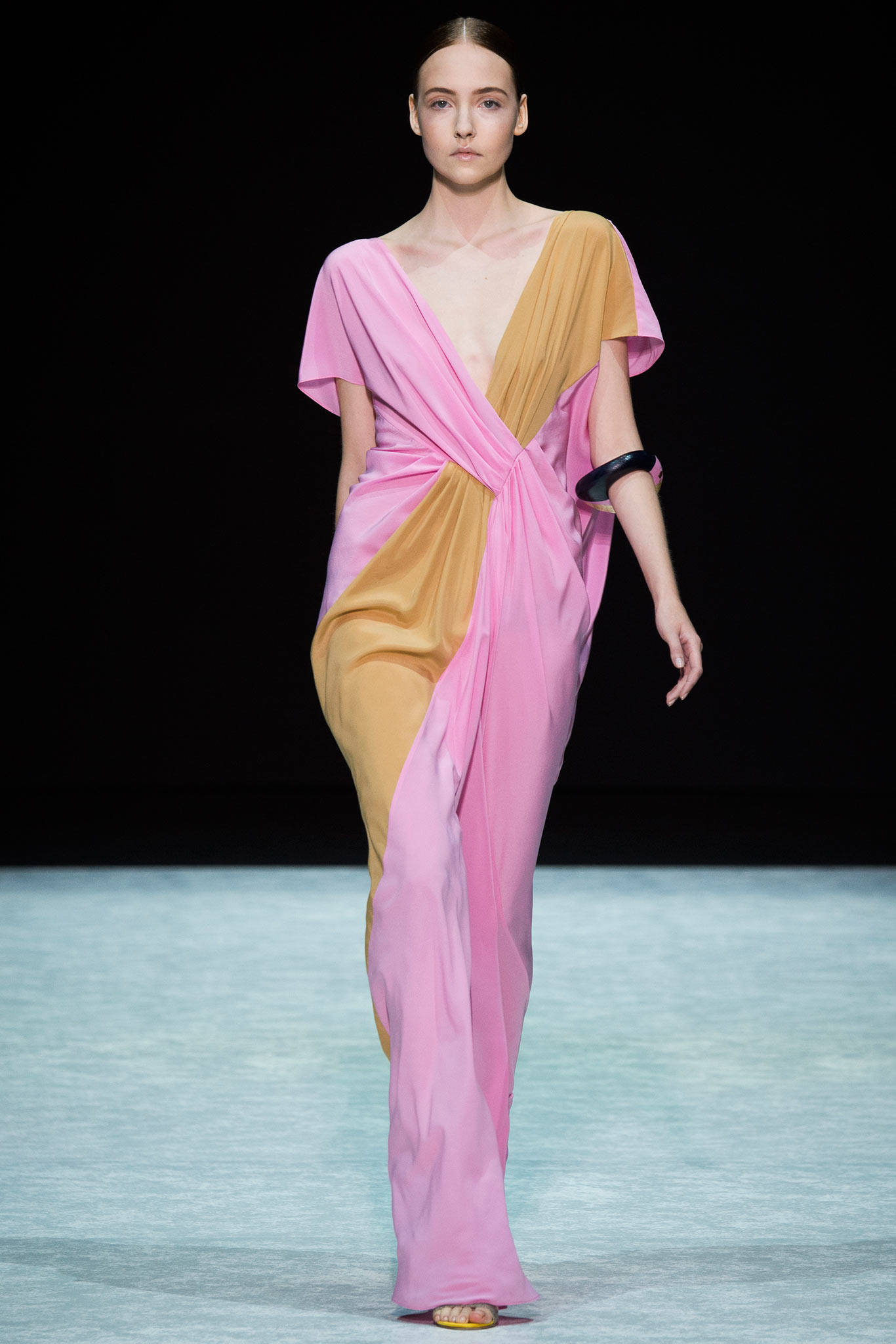 pink and orange draped maxi dress