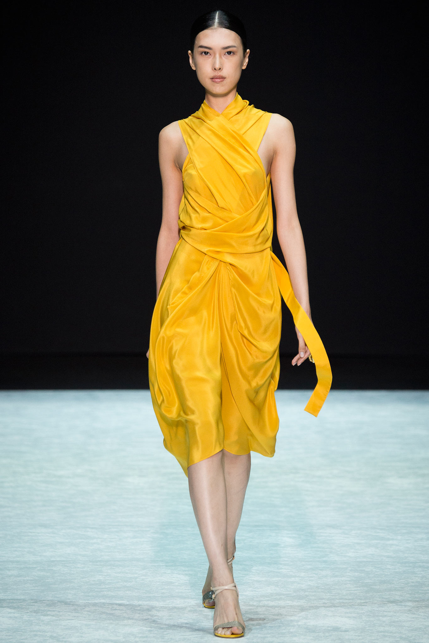 fitted yellow silk dress