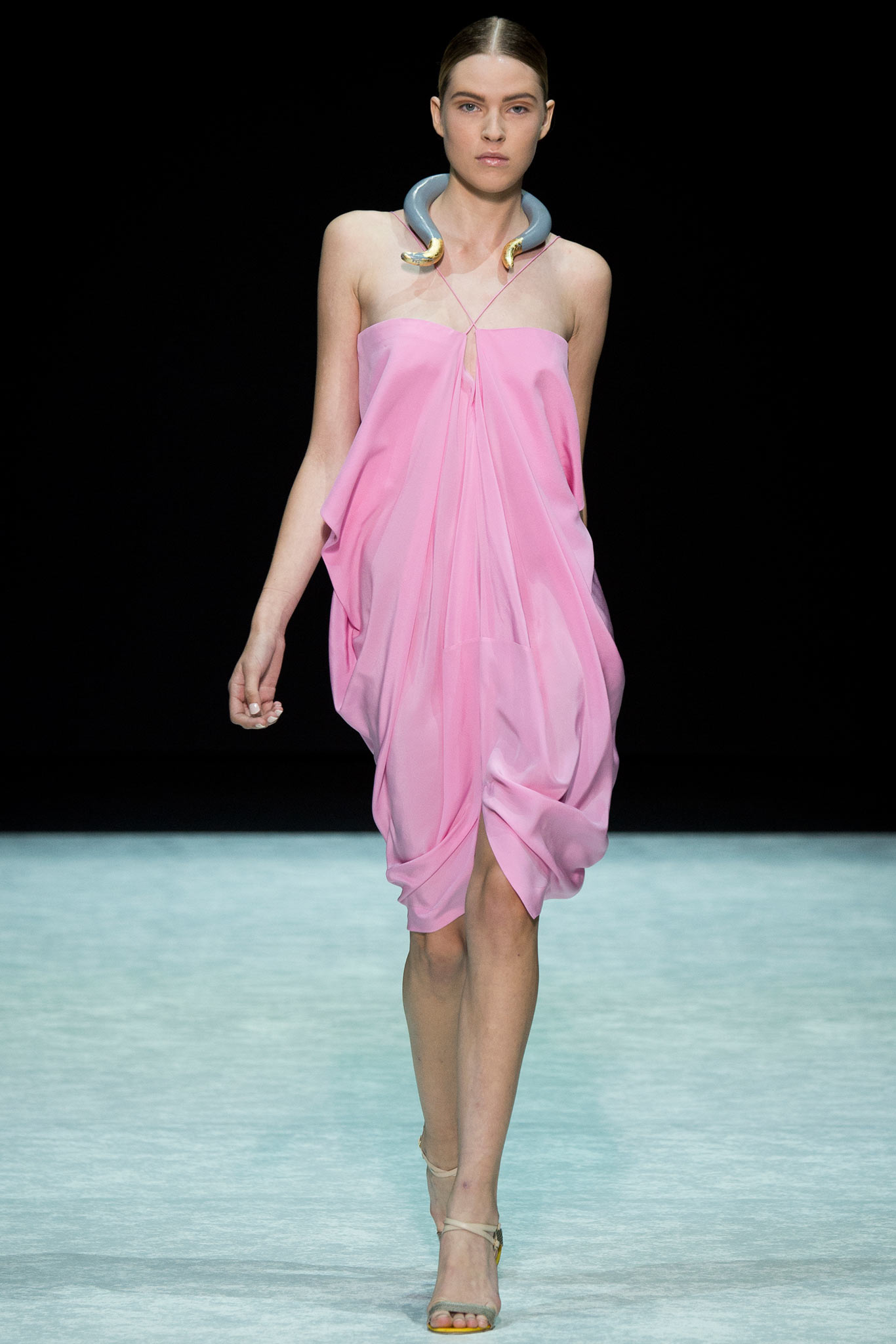 pink draped strapless dress