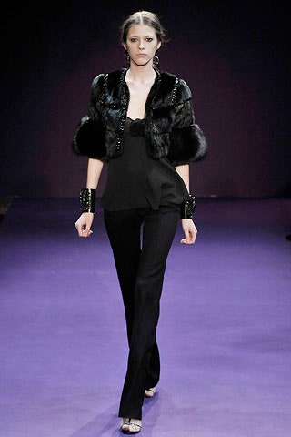 black silk top with faux-fur coat