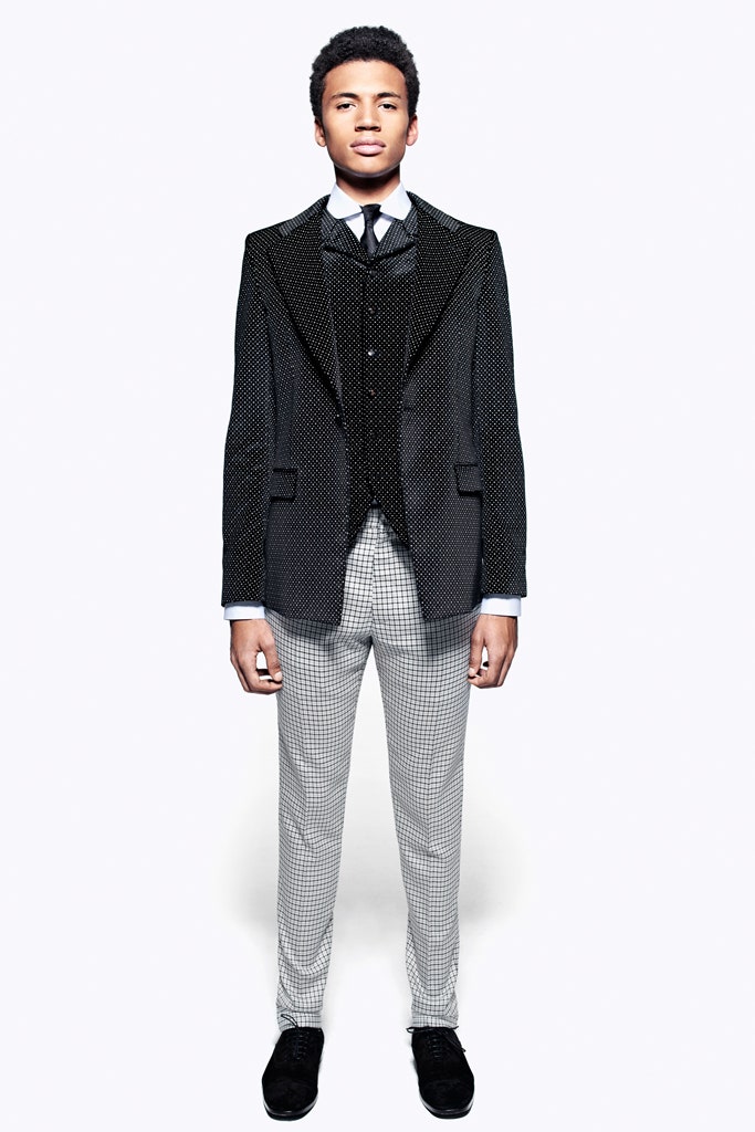 black tailored suit with gray pants