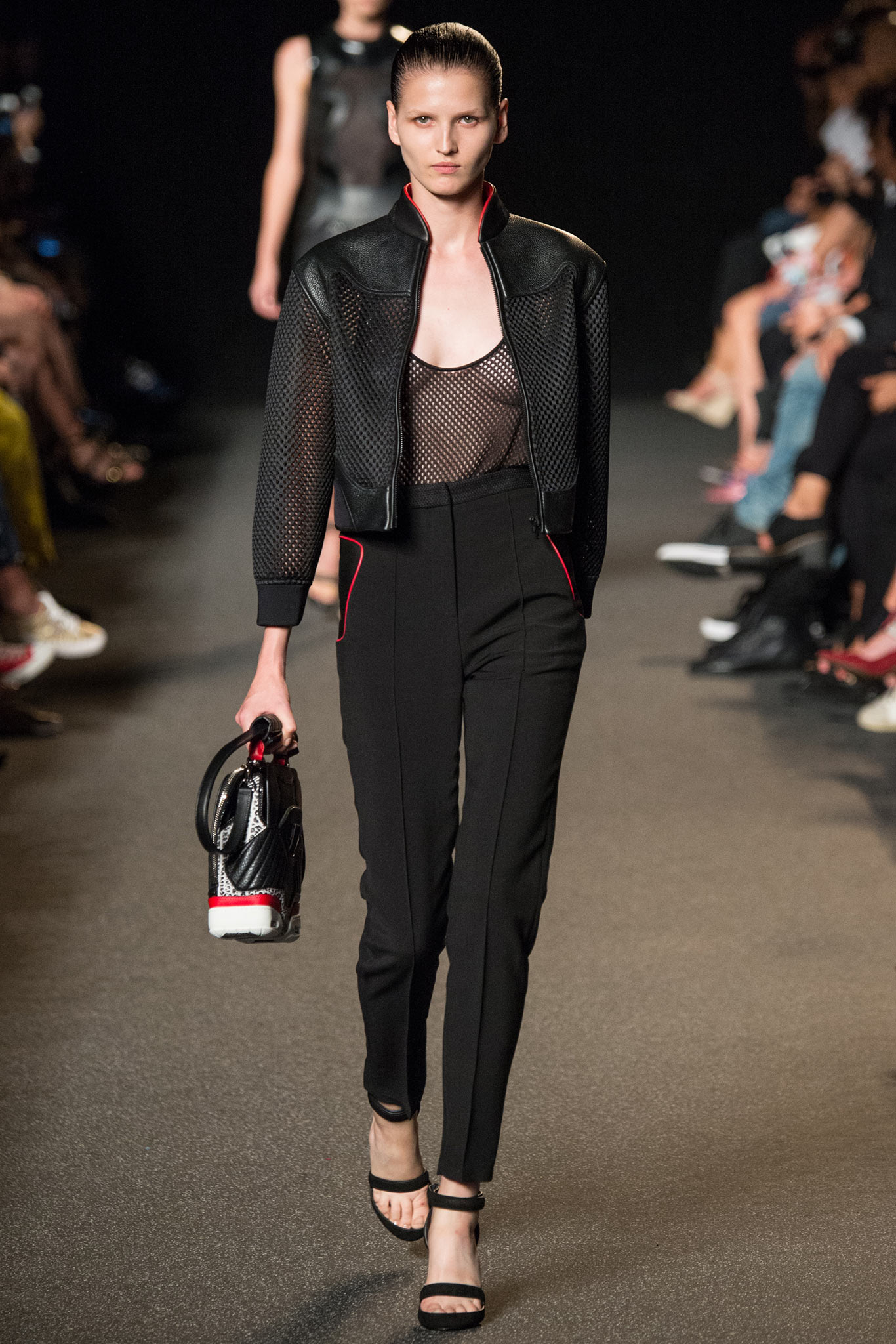 black mesh long-sleeve collared fitted zippered jacket