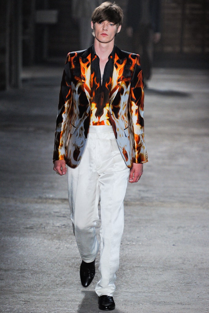 flame printed tailored blazer and white pants