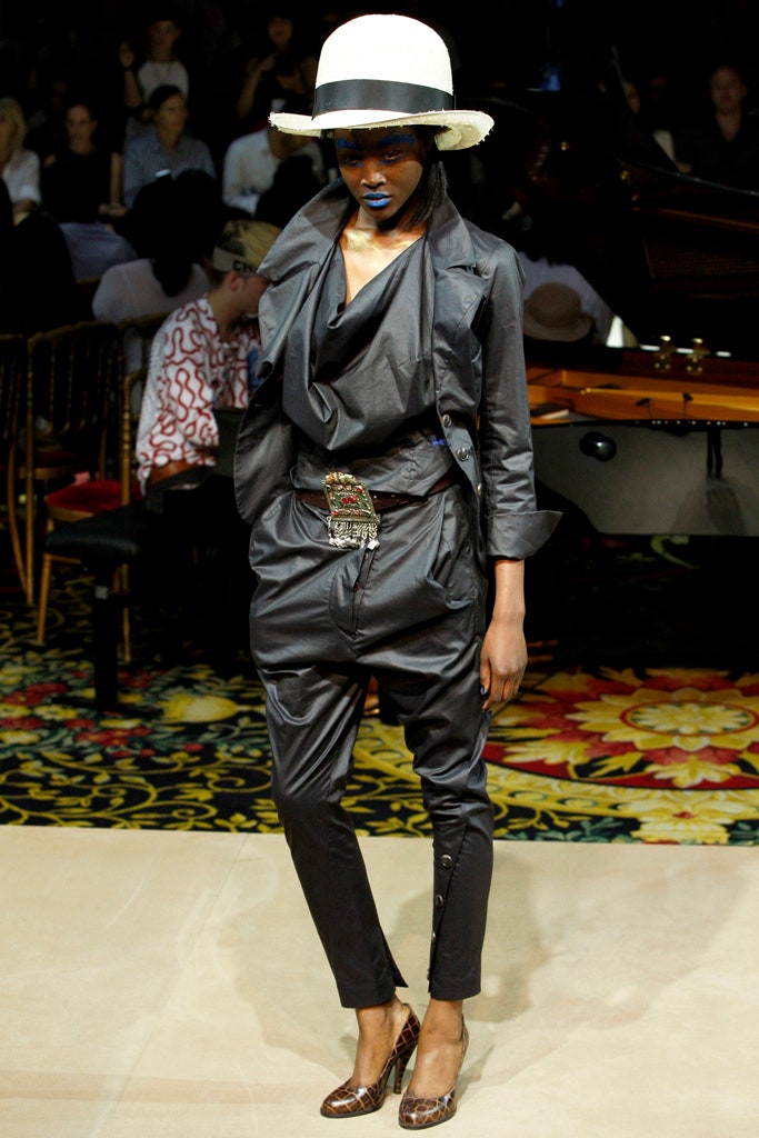 black silk fitted jacket with relaxed pants