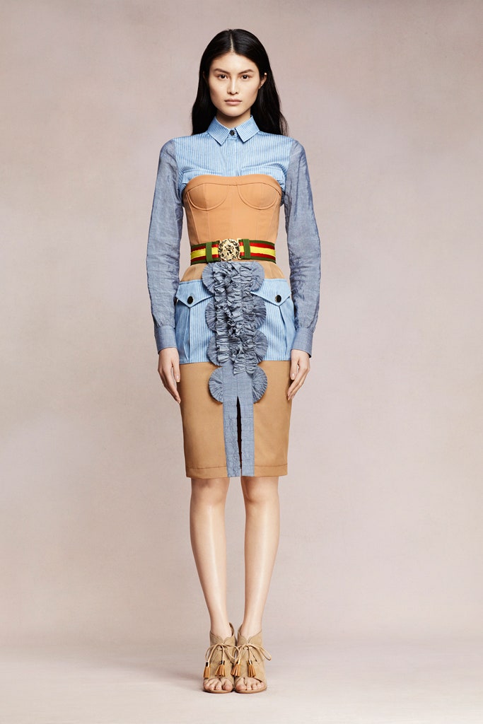 blue and brown fitted dress