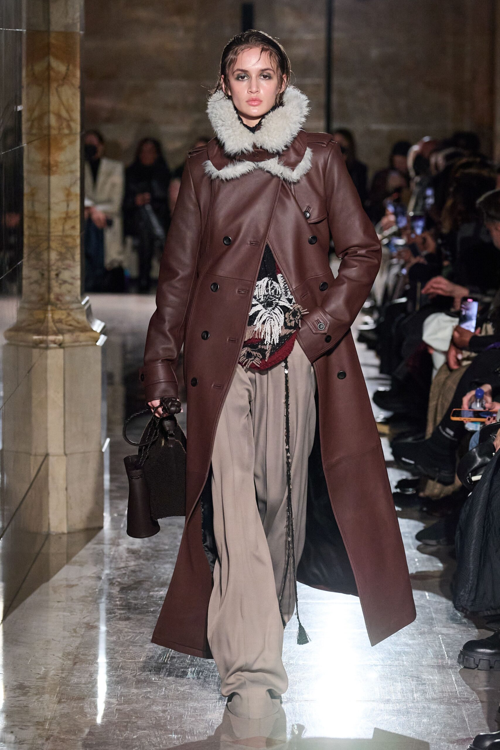 brown leather long-sleeve collared fitted belted coat