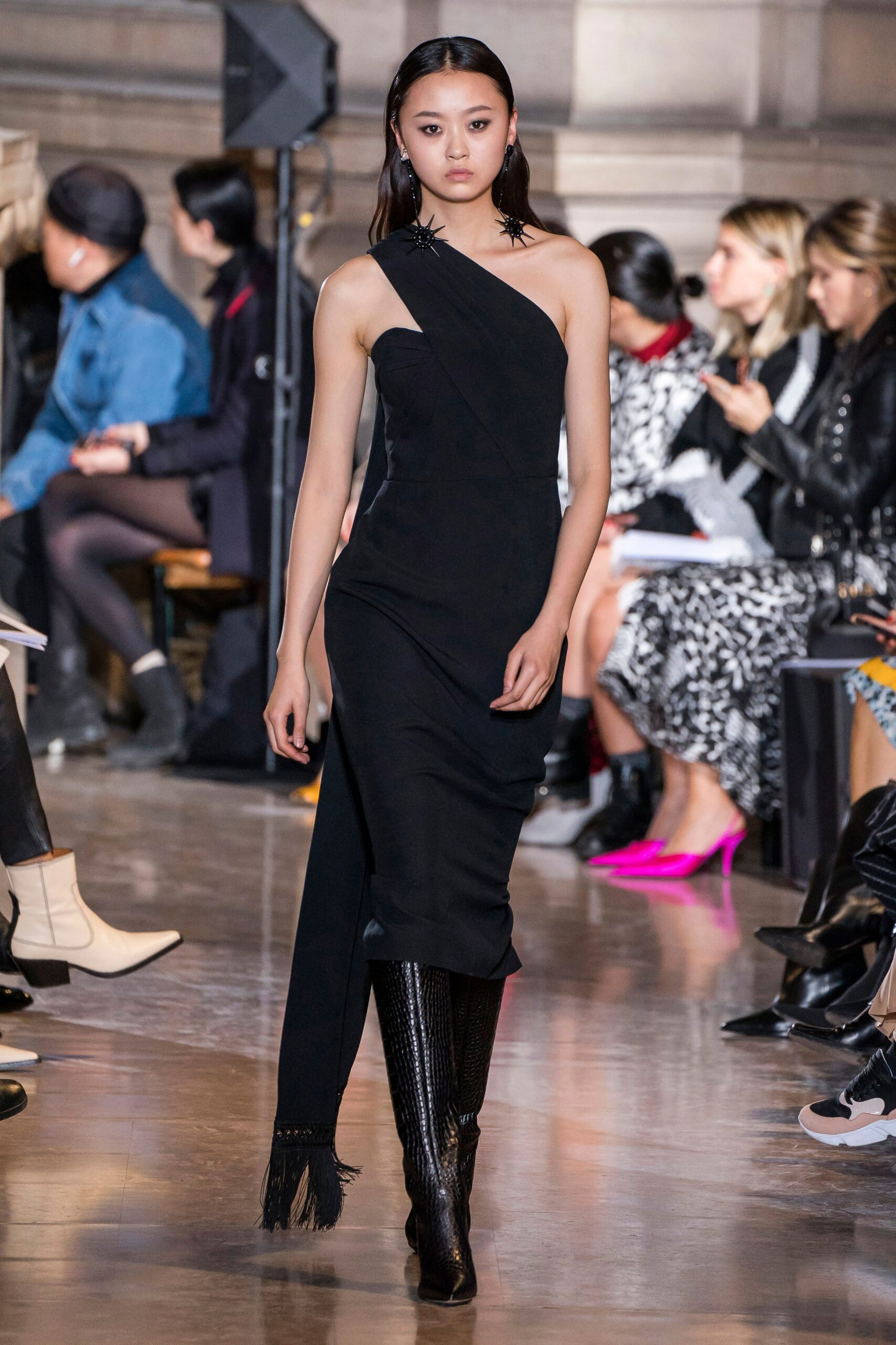 black asymmetric silk dress with boots
