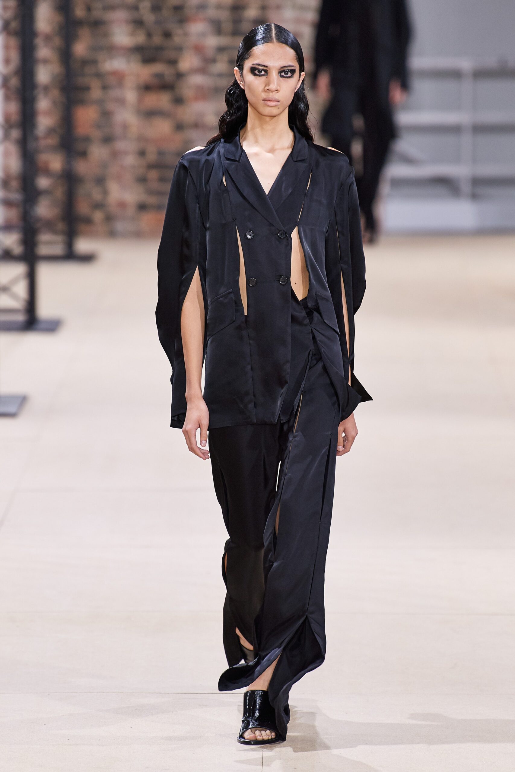 black silk fitted jacket and pants