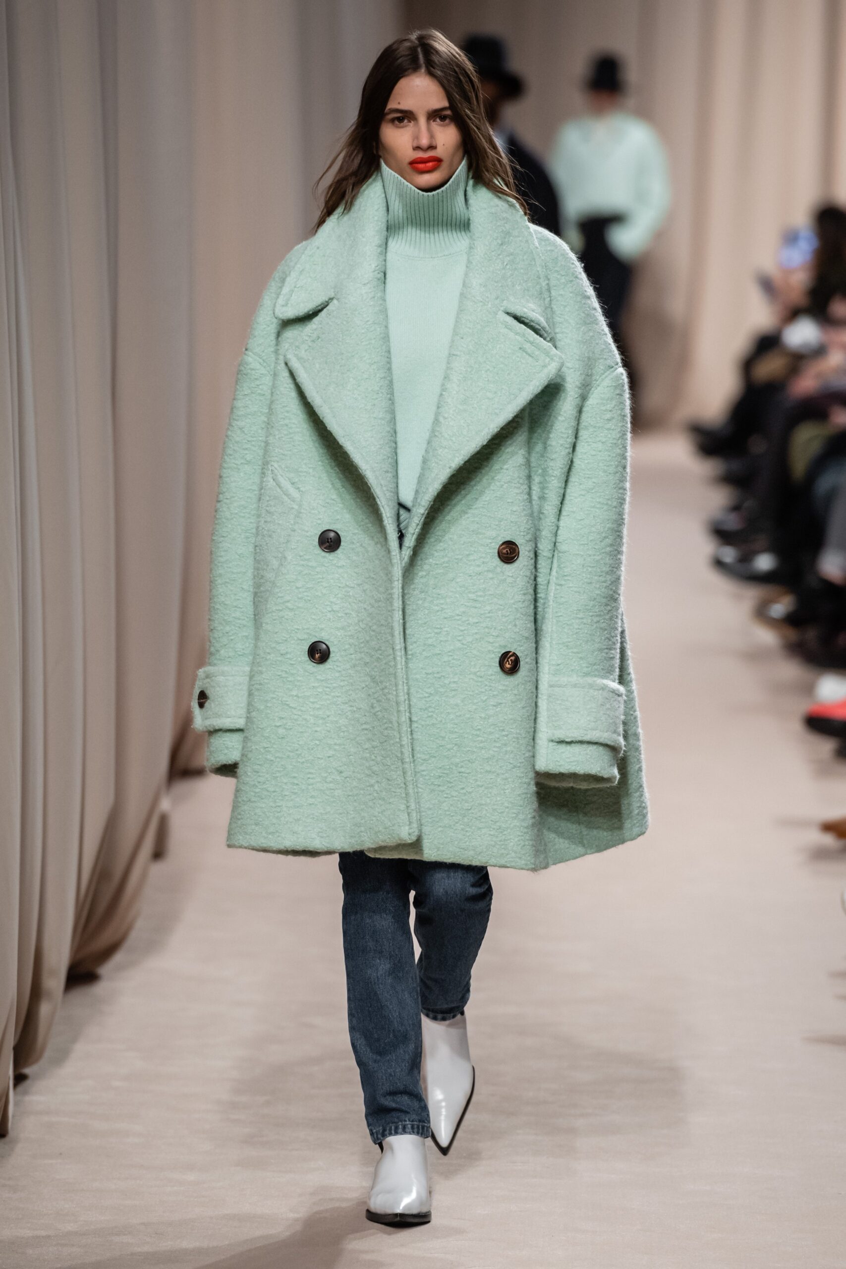 mint oversized coat with turtleneck sweater